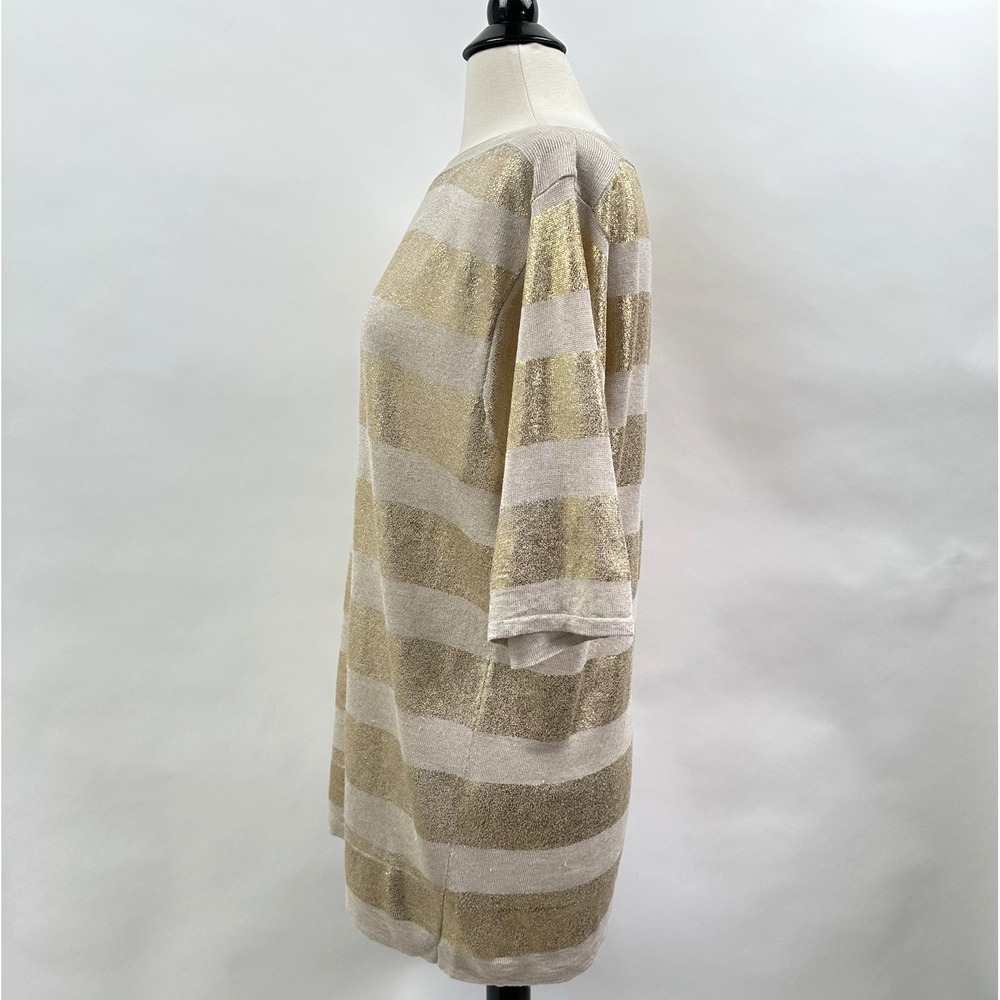Chico's Linen Blend Gold Stripe Sweater Size 1 Medium Gold Oatmeal Boat Neck Top - Picture 5 of 11